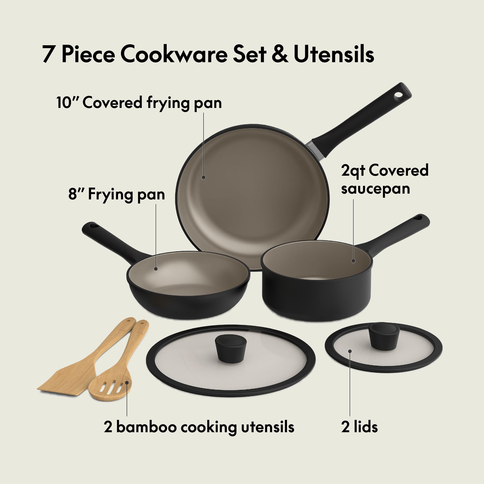 bella 7 Piece Cookware Set with EverGood Ceramic Nonstick Coating, Dishwasher Safe Oven Safe, All Stovetops Compatible, Glass Li